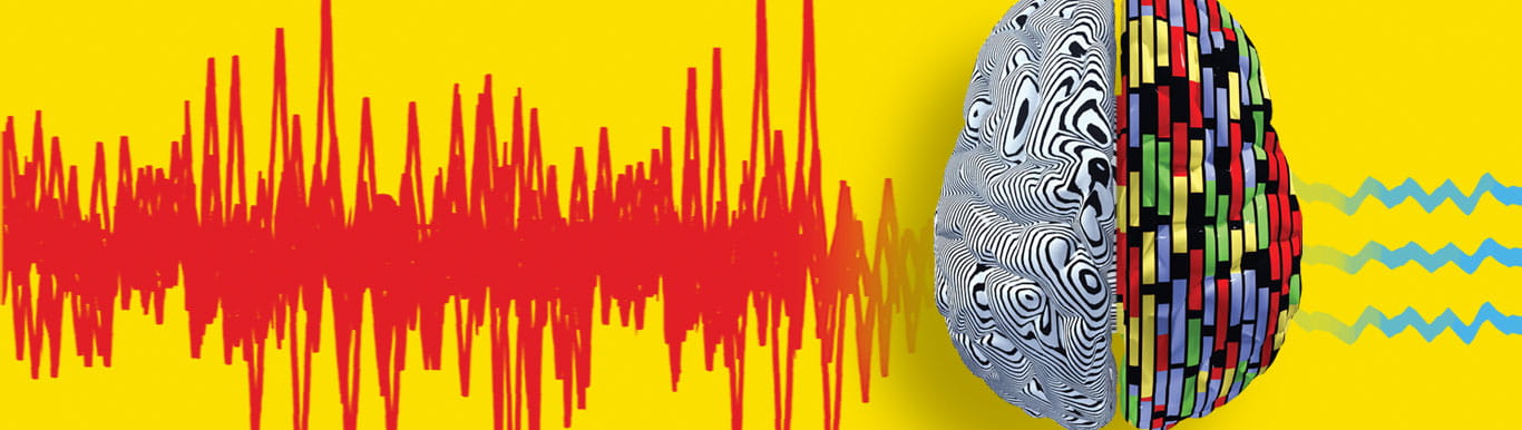 Illustration of brain with psychadelic patterns.