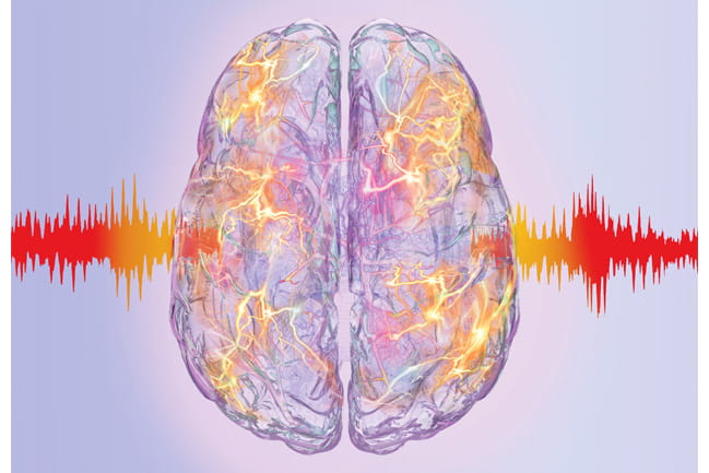 Illustration of the brain with electrical impulses running through it. 